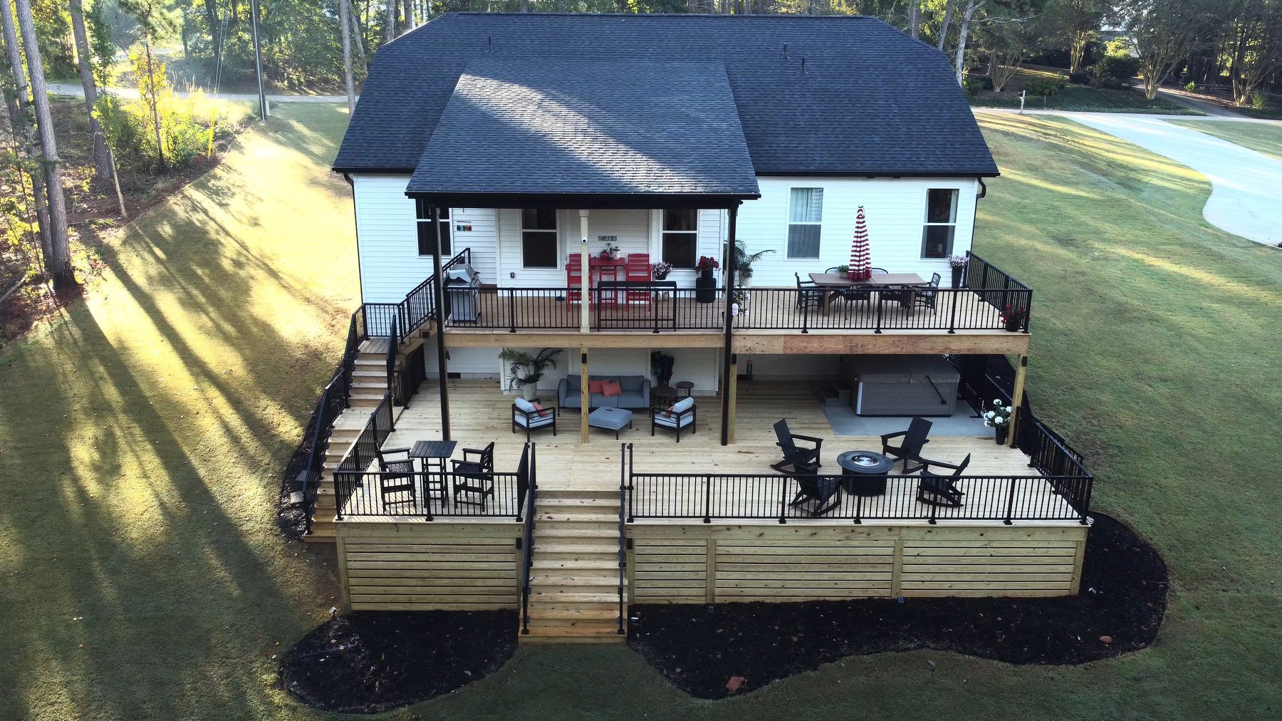 Aerial view of The Dove and backyard